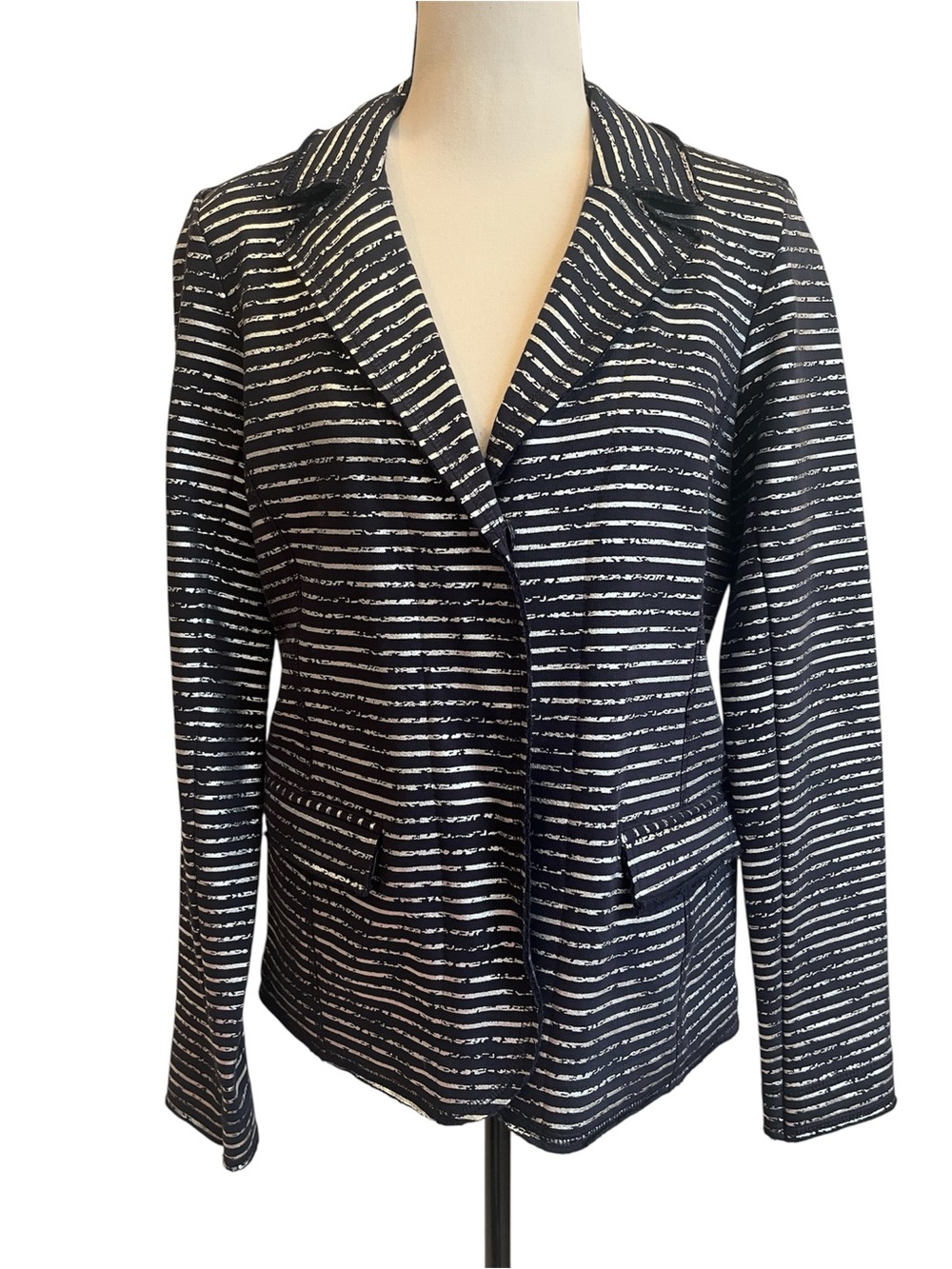 Elliott Lauren Navy Cotton Knit Blazer Silver Metallic Stripes Raw Edge USA XS